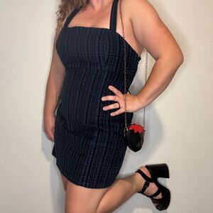 Urban Outfitters Blue & Black‎ Plaid Corduroy Overalls Mini Dress Sz XL Women's